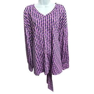 Liz Claiborne 2X Top Purple Violet Geometric Heavy Knit V-Neck Belt Long Sleeve